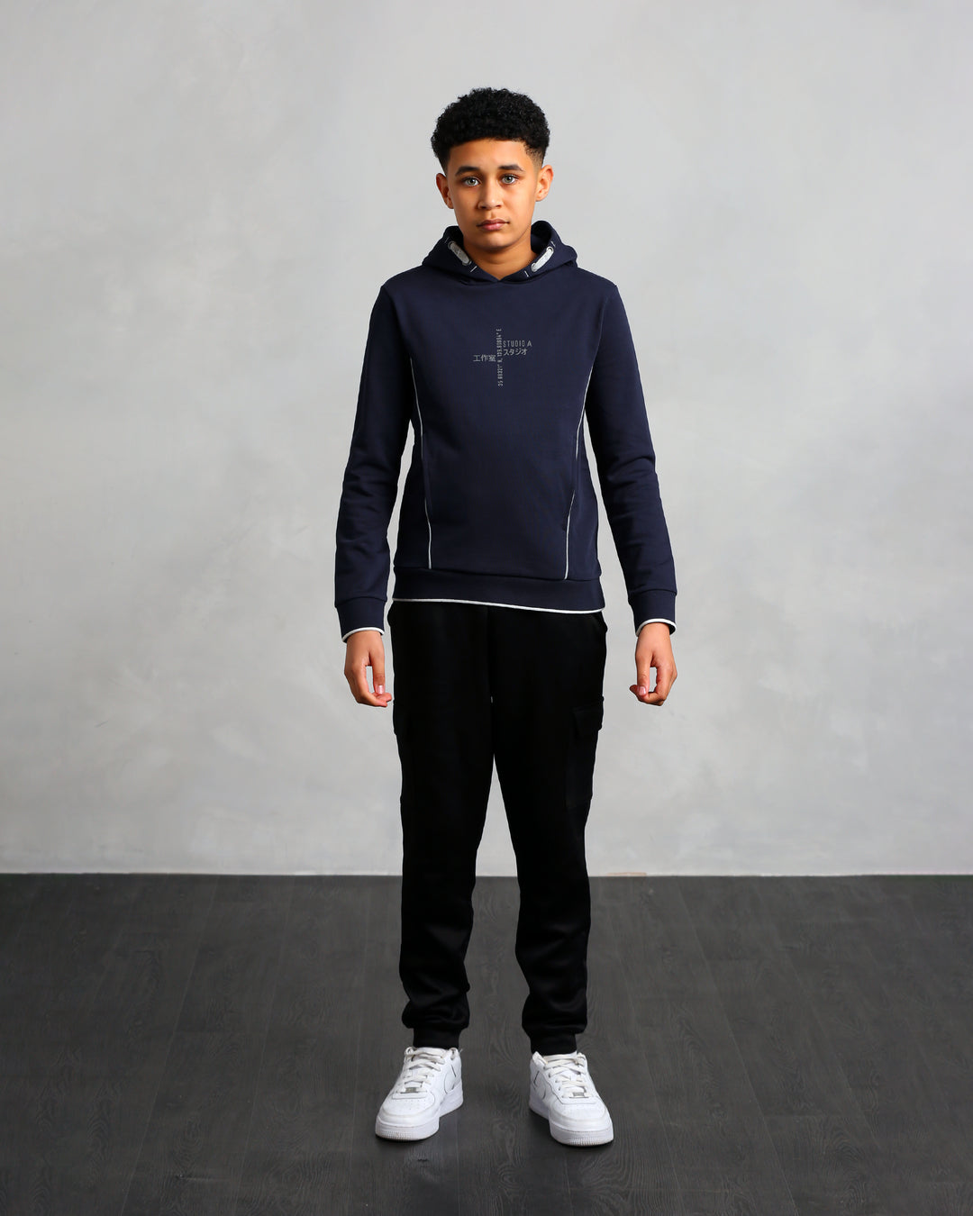 Studio A Clothing - Boy's Navy Vertical Logo Hoodie (Nathan)