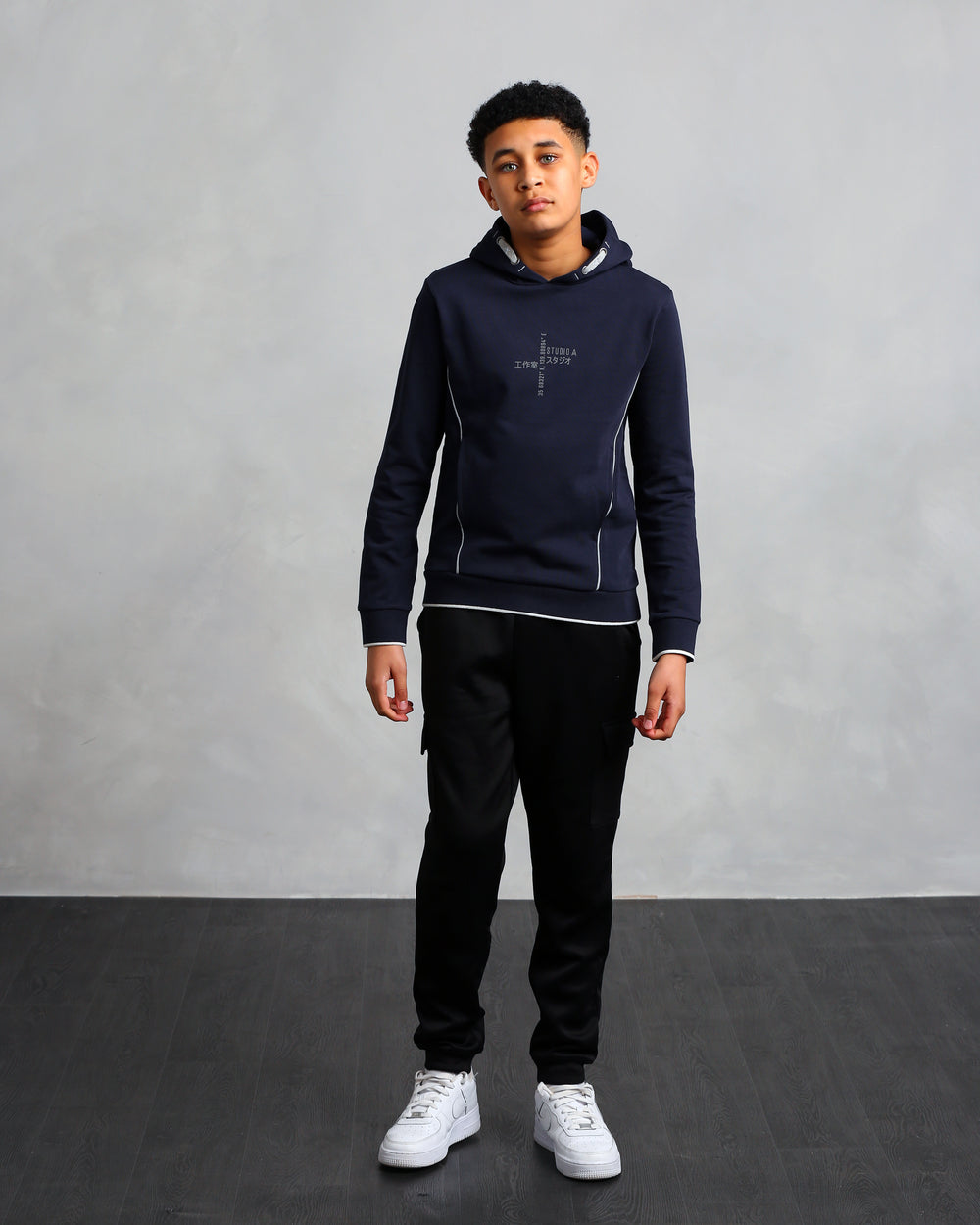 Studio A Clothing - Boy's Navy Vertical Logo Hoodie (Nathan)