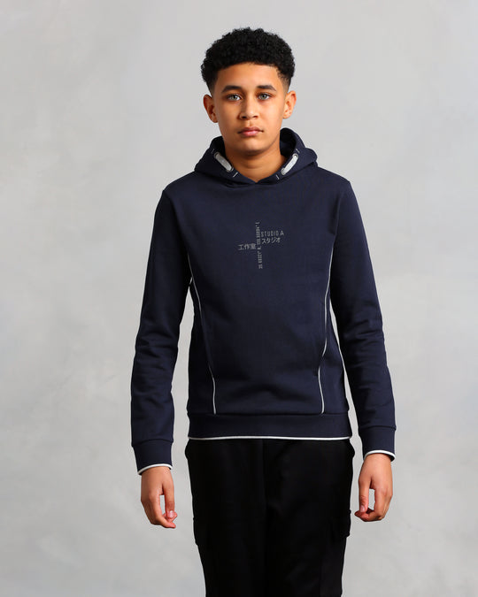 Studio A Clothing - Boy's Navy Vertical Logo Hoodie (Nathan)