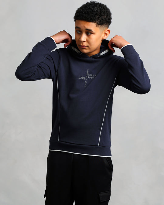 Studio A Clothing - Boy's Navy Vertical Logo Hoodie (Nathan)