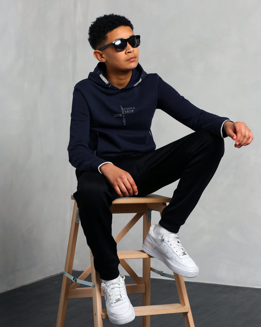 Studio A Clothing - Boy's Navy Vertical Logo Hoodie (Nathan)