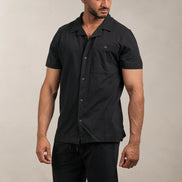 Linen Blend Open Collar Shirt Black