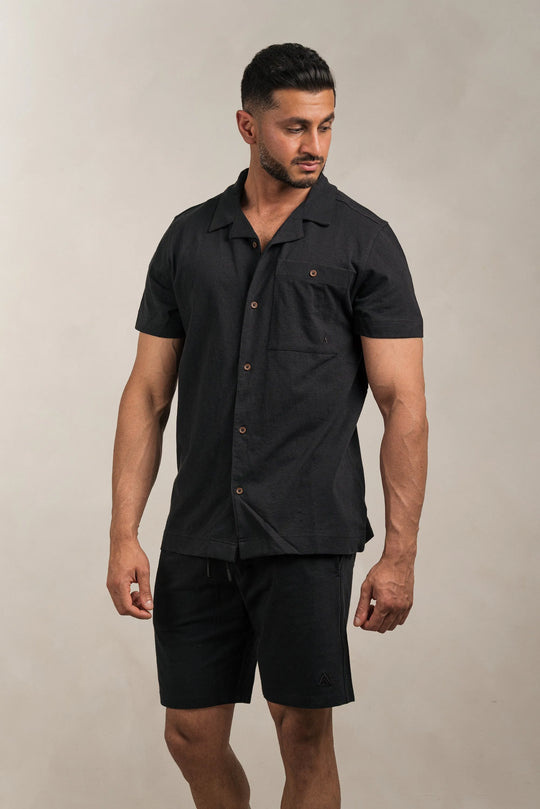 Linen Blend Open Collar Shirt Black