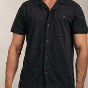 Linen Blend Open Collar Shirt Black