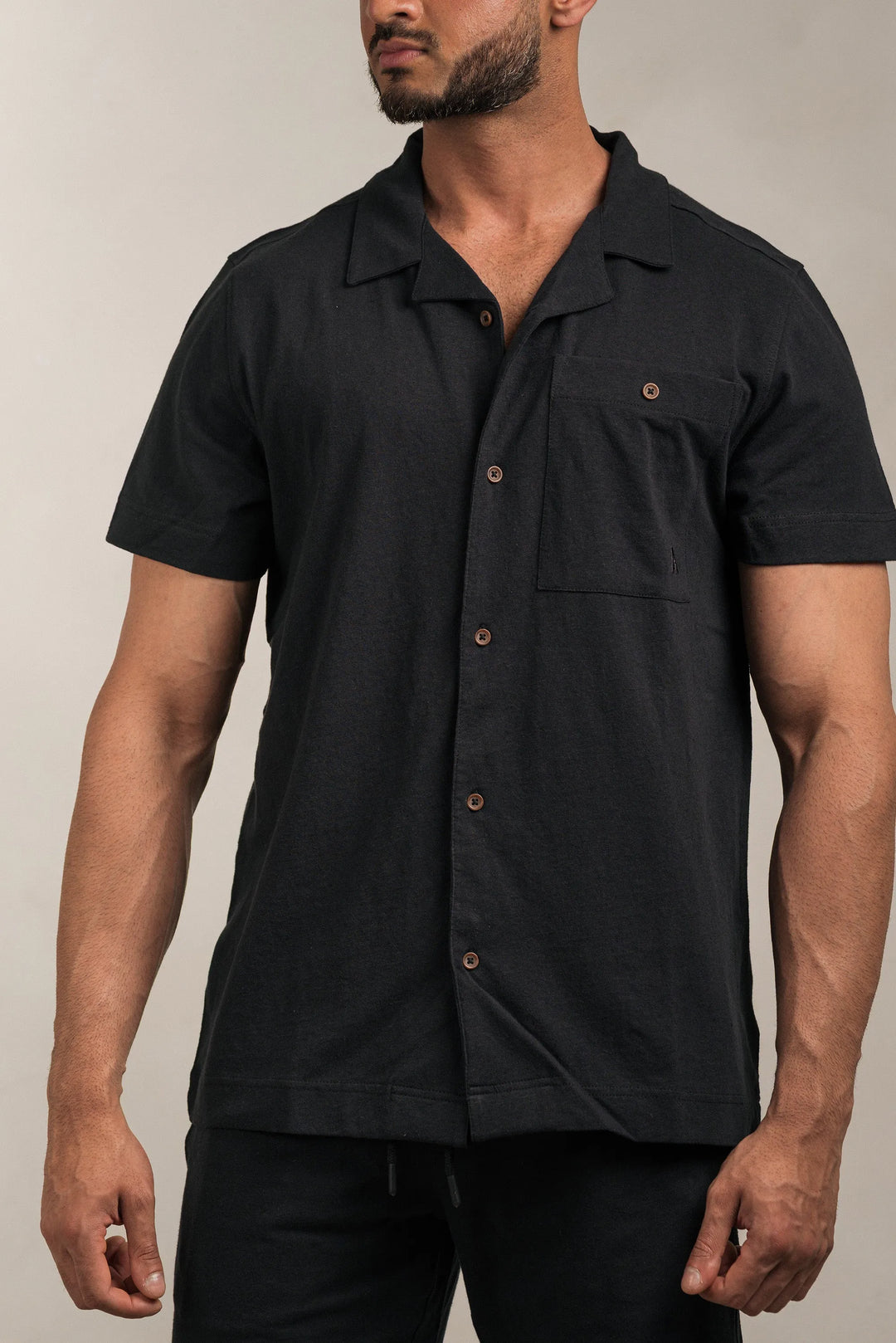 Linen Blend Open Collar Shirt Black