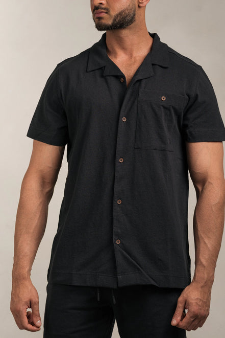 Linen Blend Open Collar Shirt Black