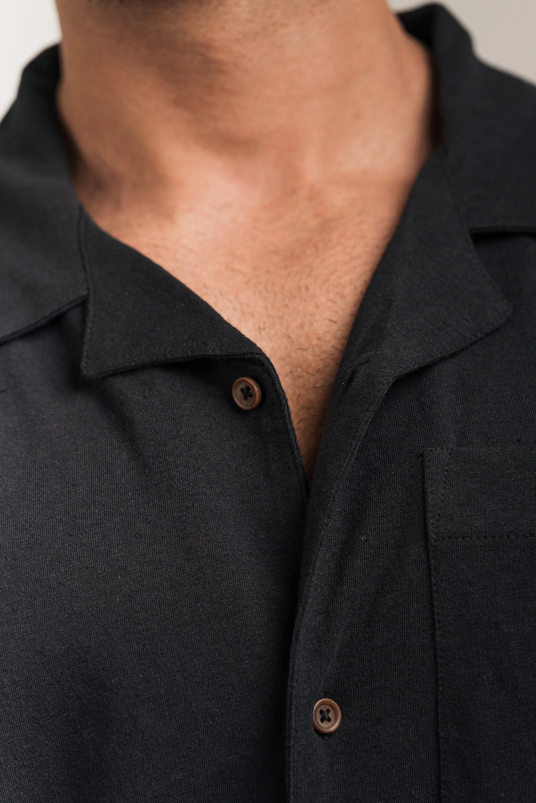 Linen Blend Open Collar Shirt Black