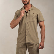 Linen Blend Open Collar Shirt Khaki