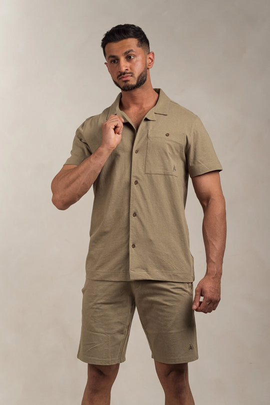Linen Blend Open Collar Shirt Khaki