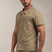 Linen Blend Open Collar Shirt Khaki