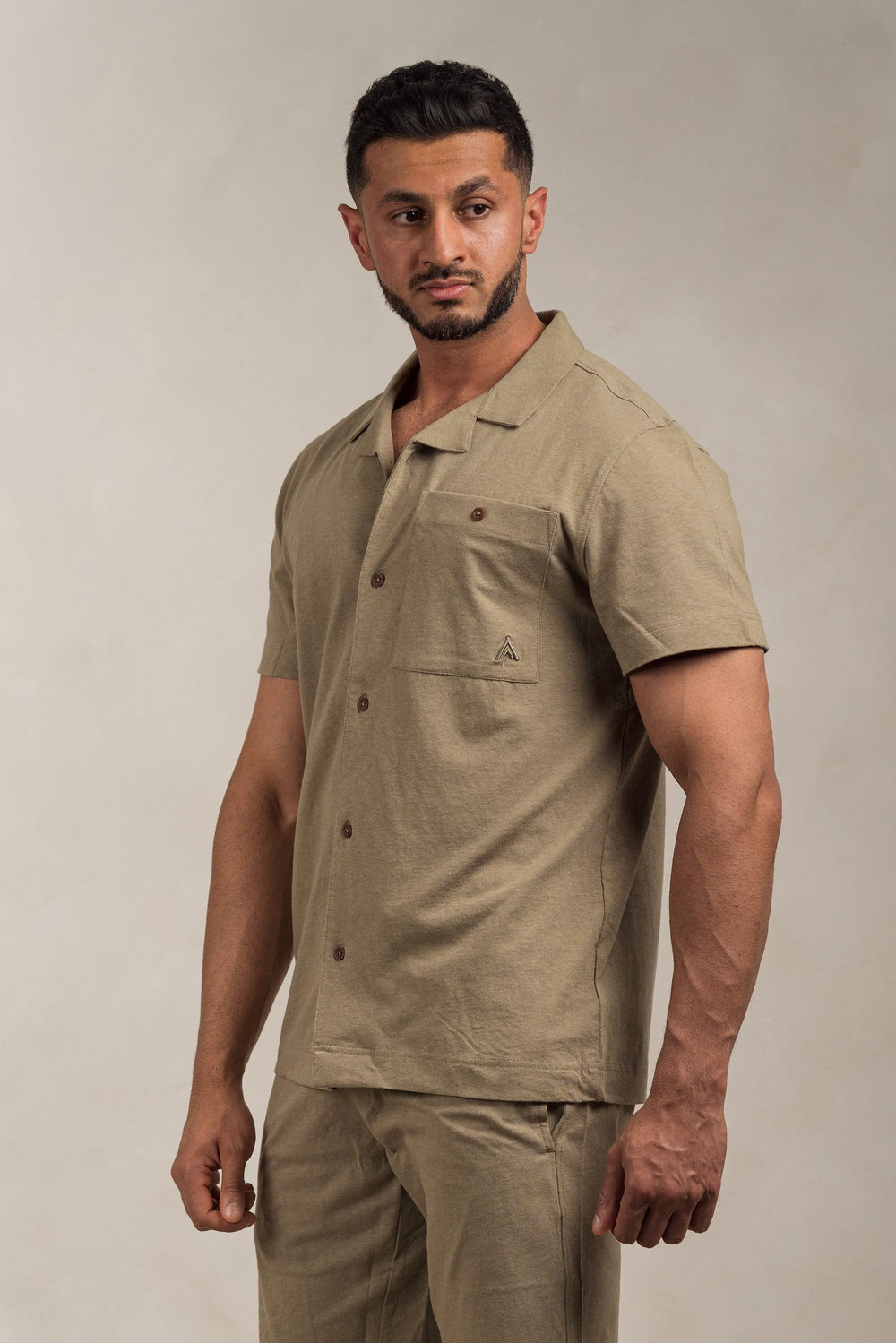 Linen Blend Open Collar Shirt Khaki